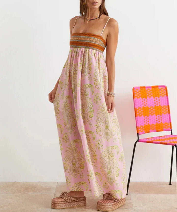 Vestito lungo donna rosa boho con bretelle e motivi estivi
