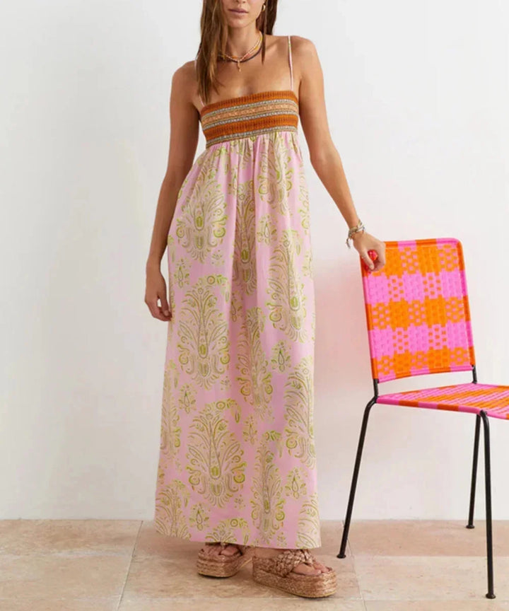 Vestito lungo donna rosa boho con bretelle e motivi estivi