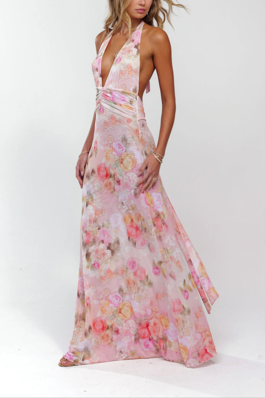 Vestito lungo donna rosa a fiori schiena nuda