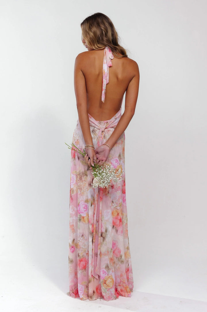 Vestito lungo donna rosa a fiori schiena nuda
