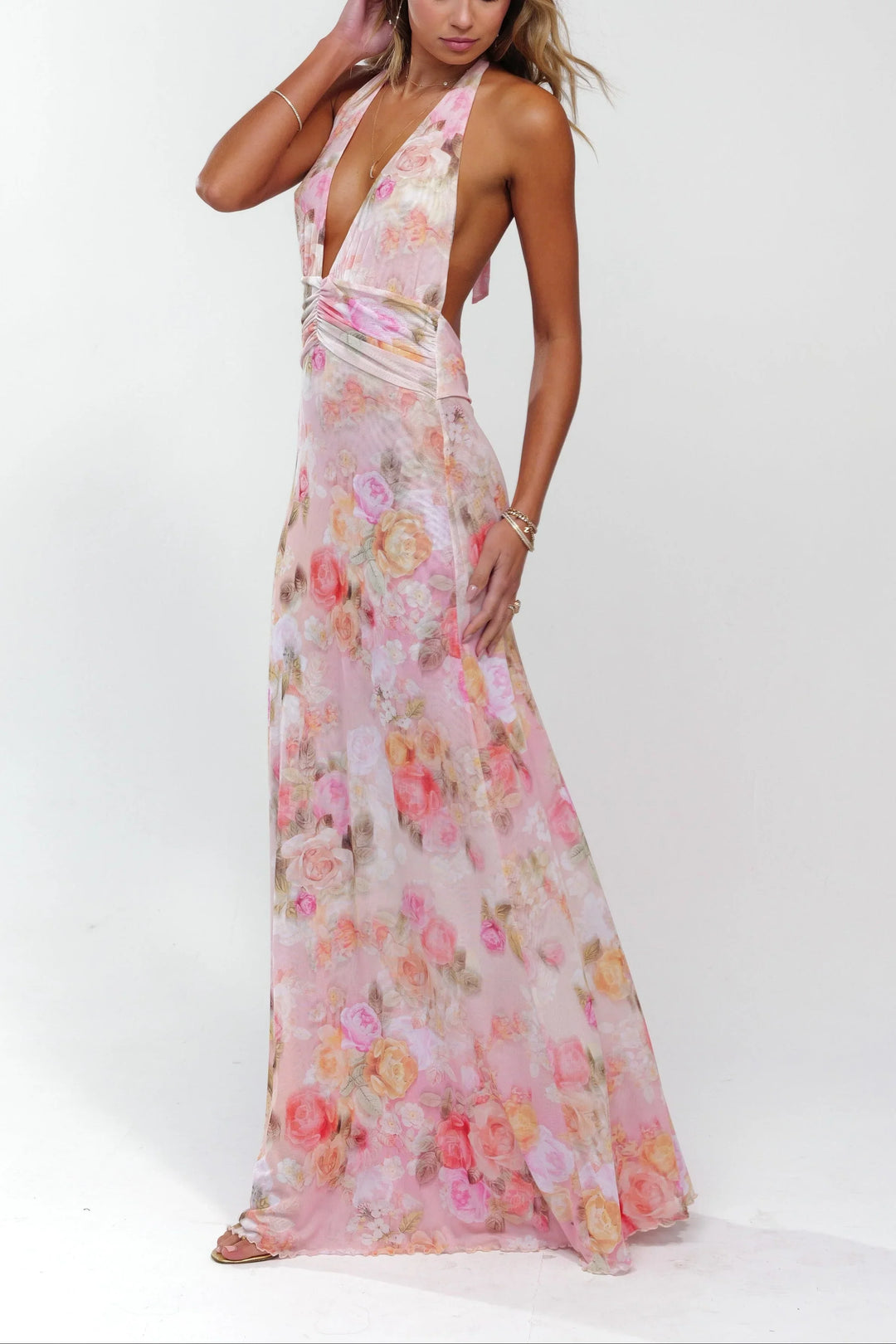 Vestito lungo donna rosa a fiori schiena nuda
