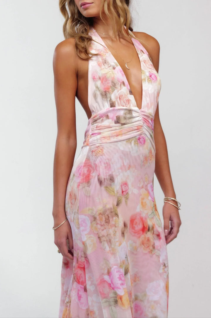 Vestito lungo donna rosa a fiori schiena nuda