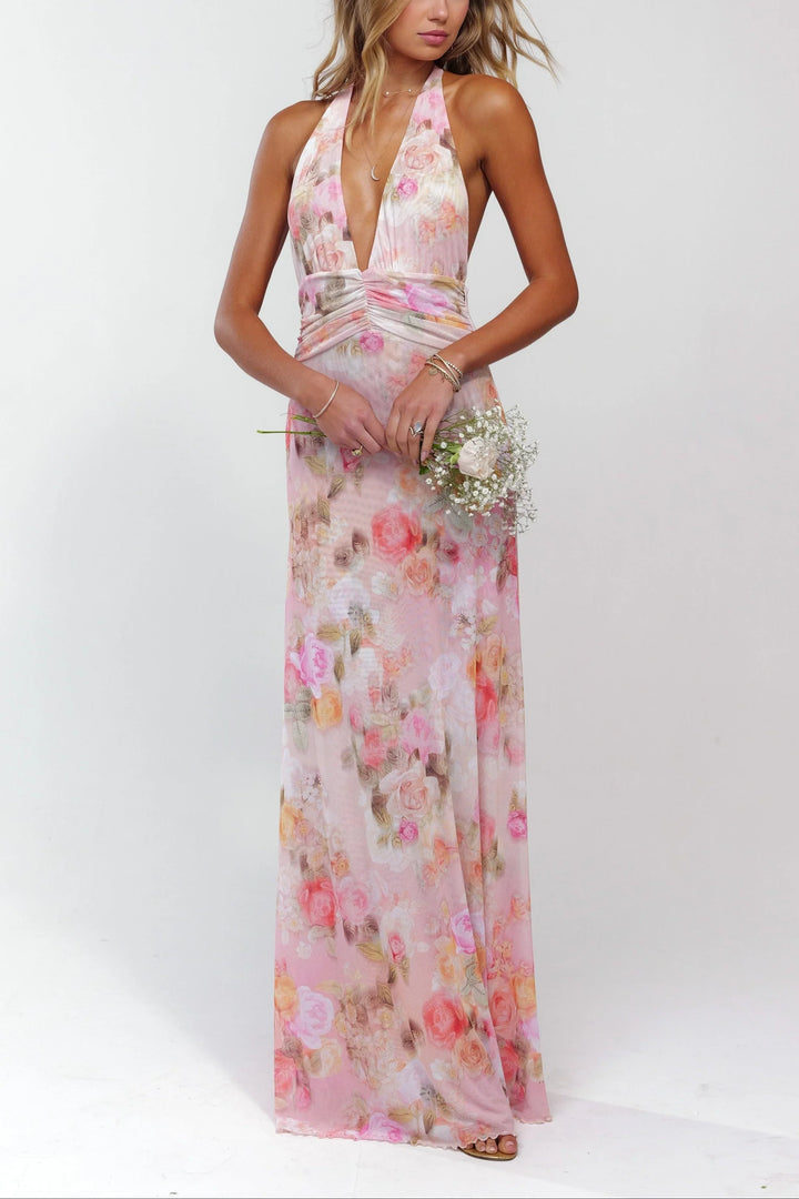 Vestito lungo donna rosa a fiori schiena nuda