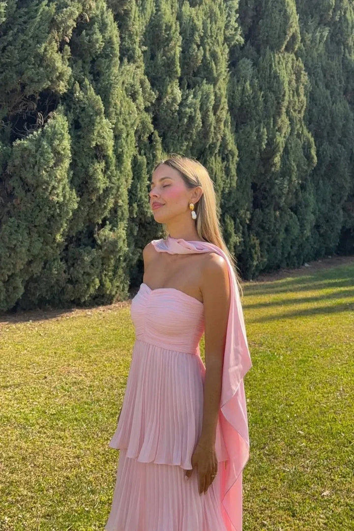 Vestito lungo donna rosa senza bretelle a balze