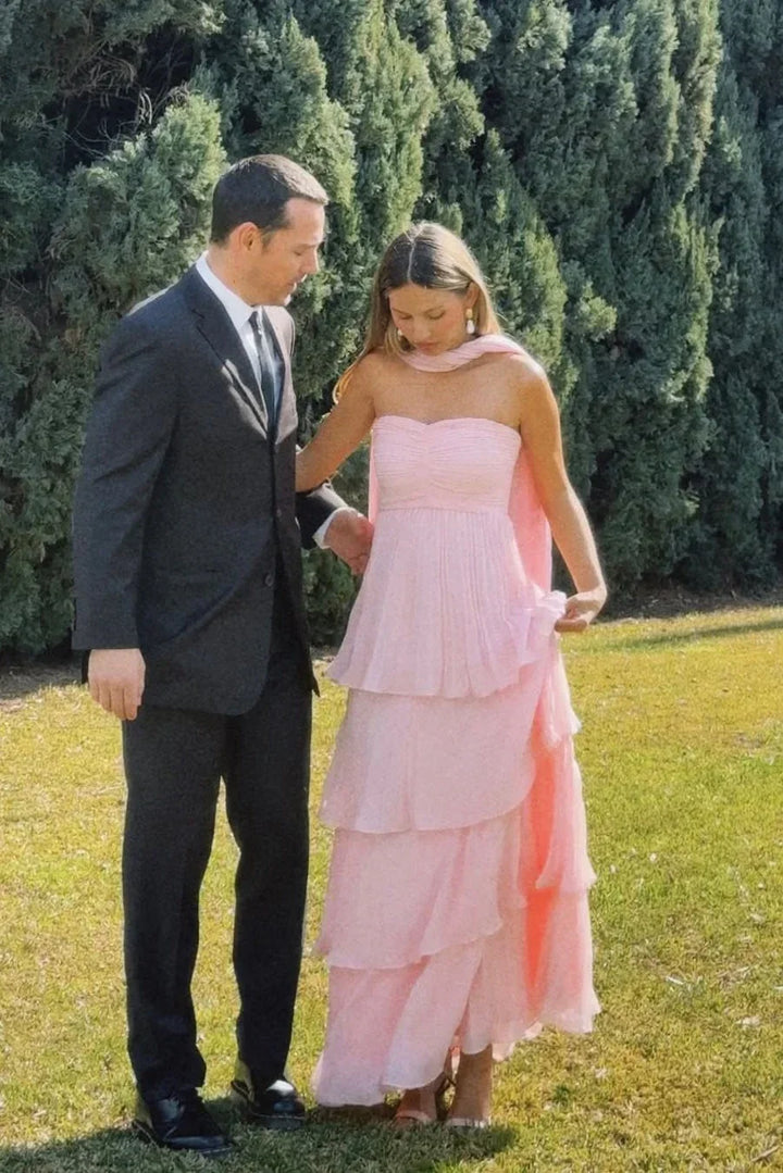 Vestito lungo donna rosa senza bretelle a balze