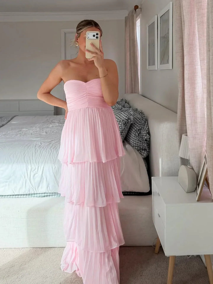 Vestito lungo donna rosa senza bretelle a balze