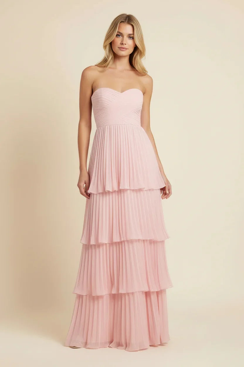 Vestito lungo donna rosa senza bretelle a balze