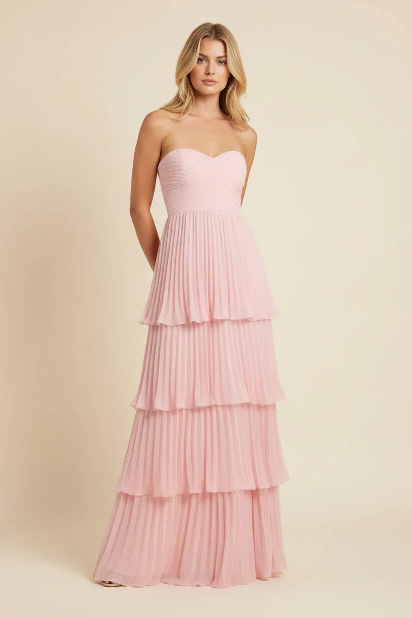 Vestito lungo donna rosa senza bretelle a balze