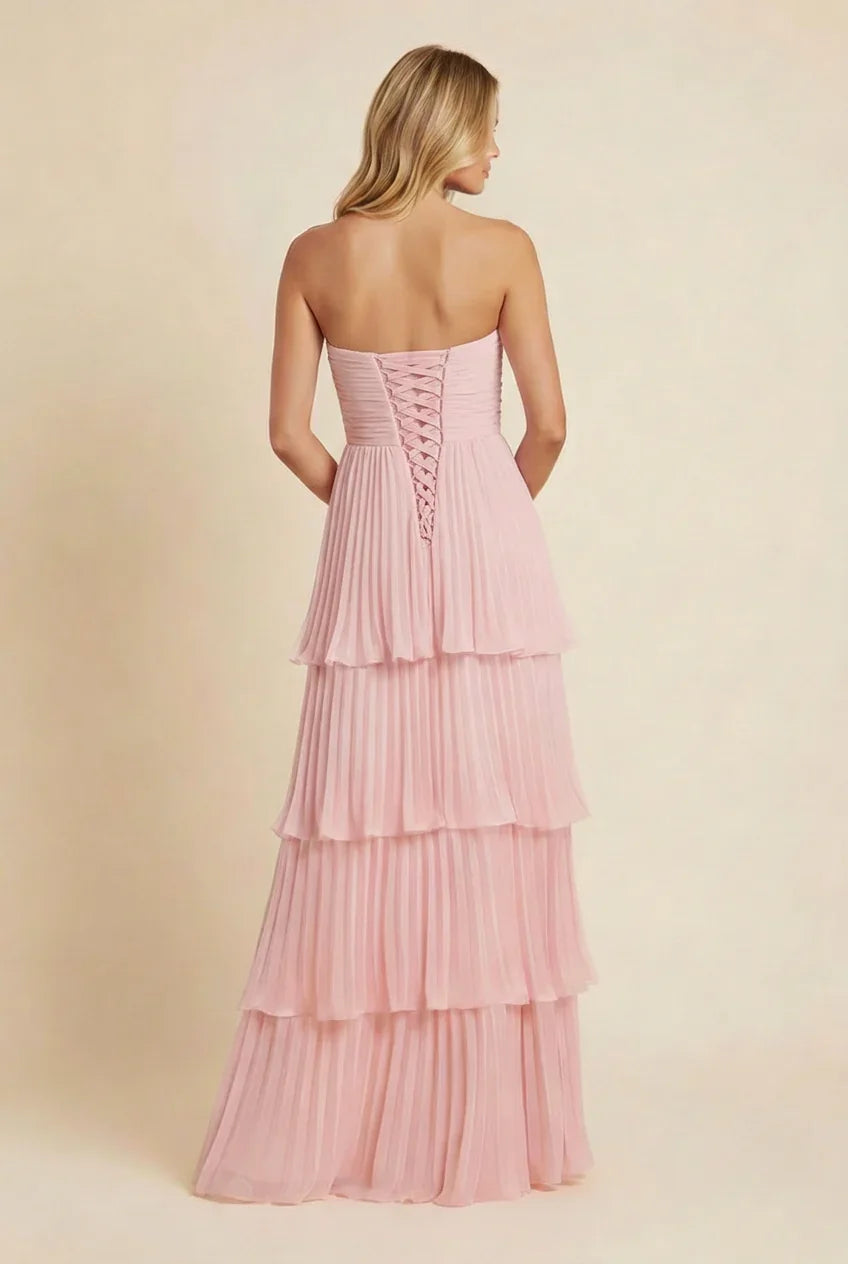 Vestito lungo donna rosa senza bretelle a balze