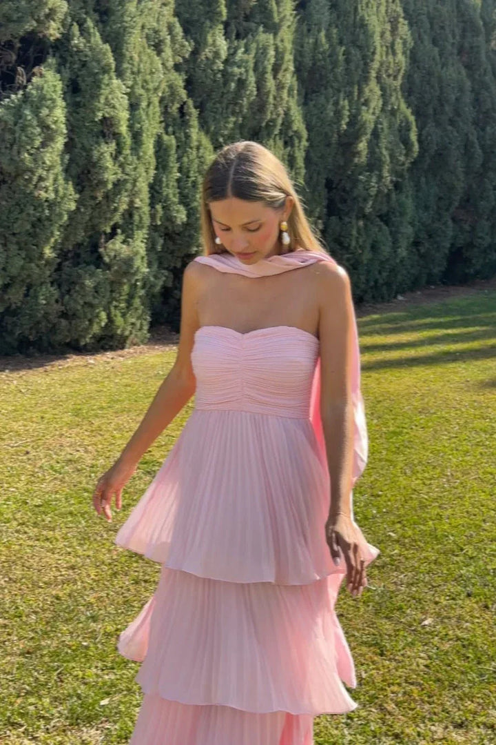 Vestito lungo donna rosa senza bretelle a balze
