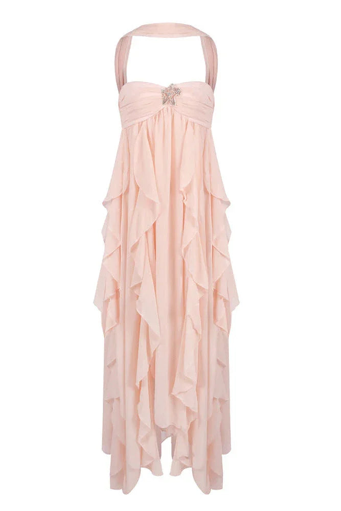 Vestito lungo donna rosa con volant