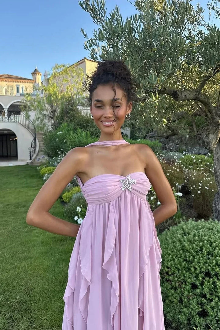 Vestito lungo donna rosa con volant