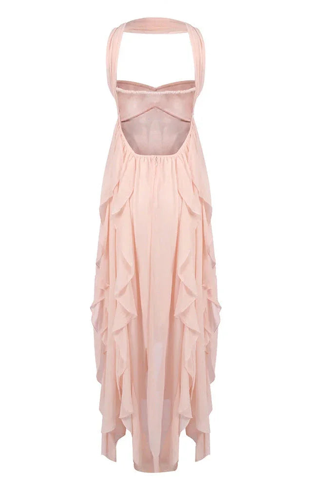 Vestito lungo donna rosa con volant