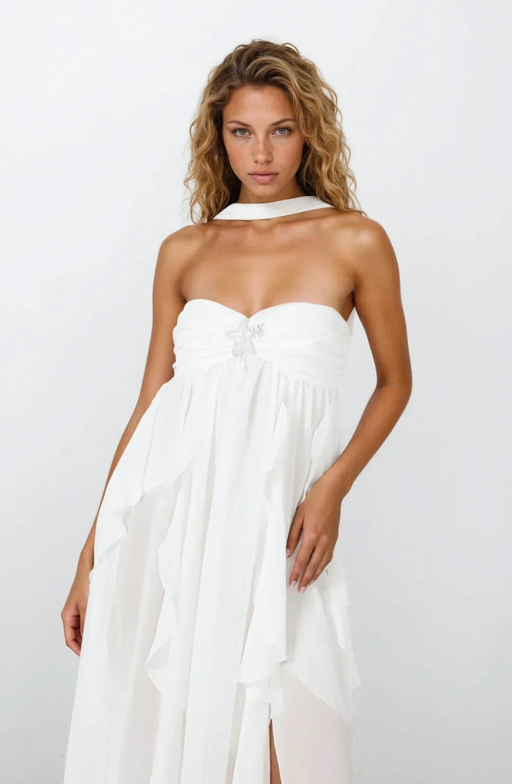 Vestito lungo donna rosa con volant