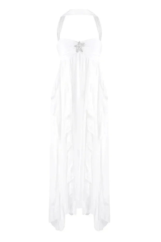 Vestito lungo donna rosa con volant