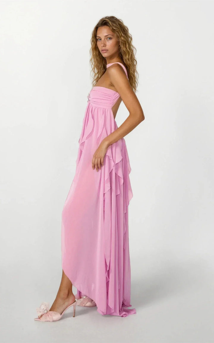 Vestito lungo donna rosa con volant