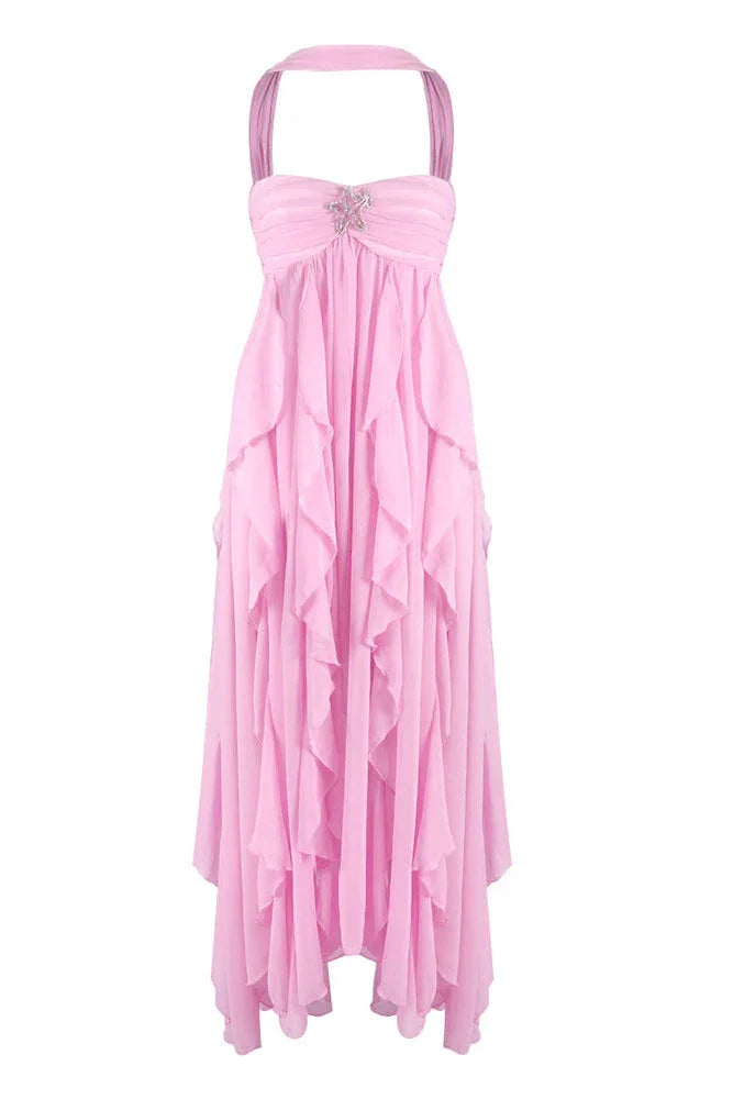 Vestito lungo donna rosa con volant