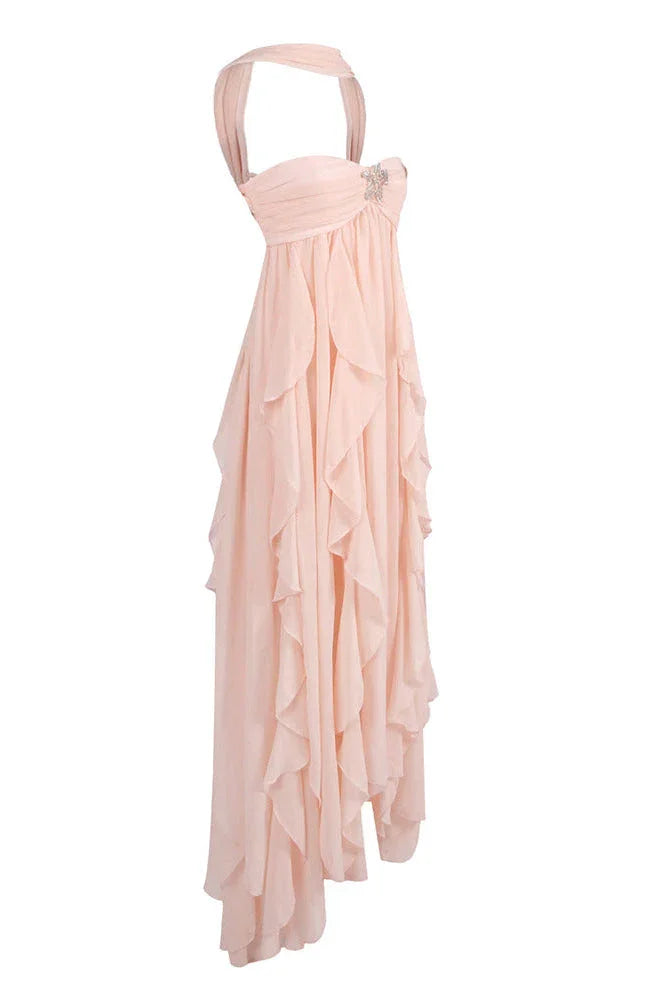 Vestito lungo donna rosa con volant