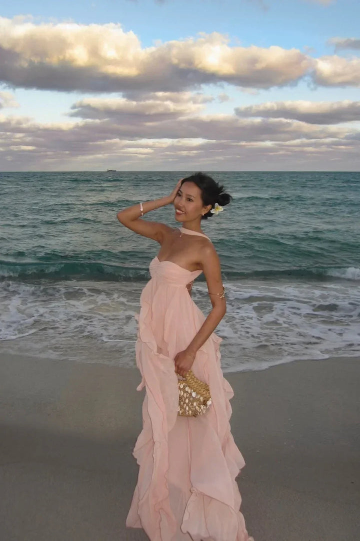 Vestito lungo donna rosa con volant