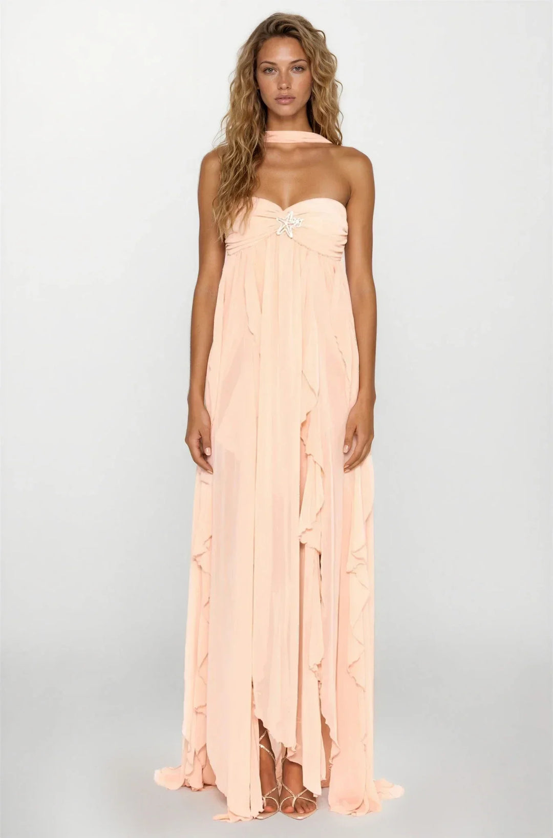 Vestito lungo donna rosa con volant