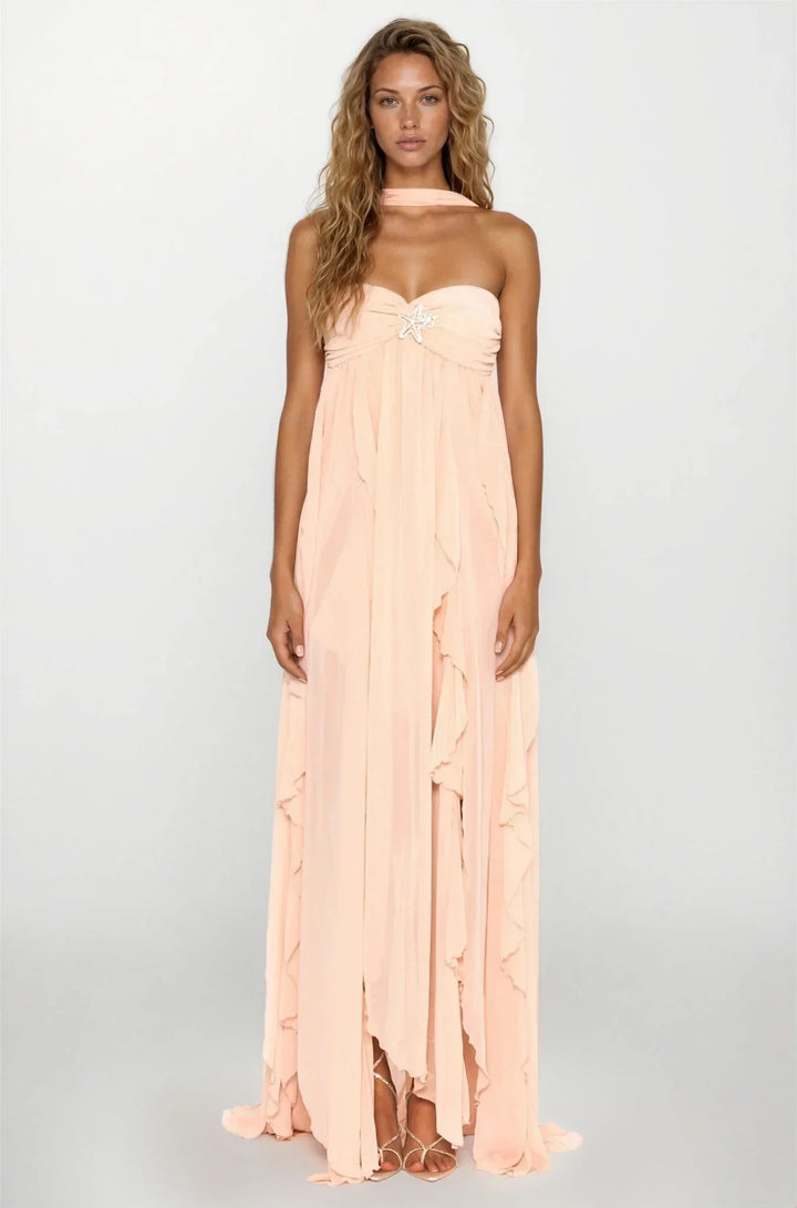 Vestito lungo donna rosa con volant