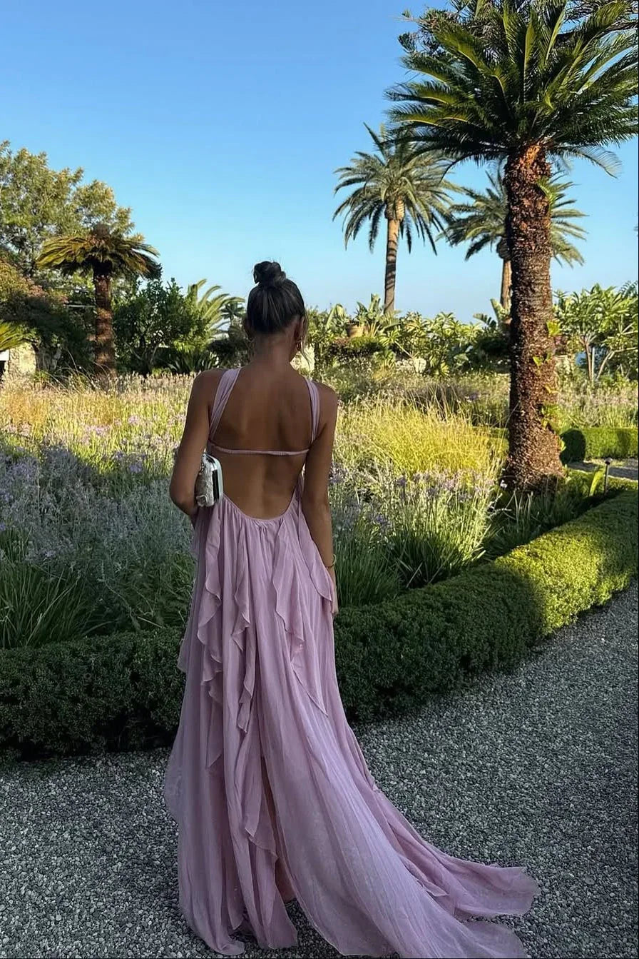 Vestito lungo donna rosa con volant