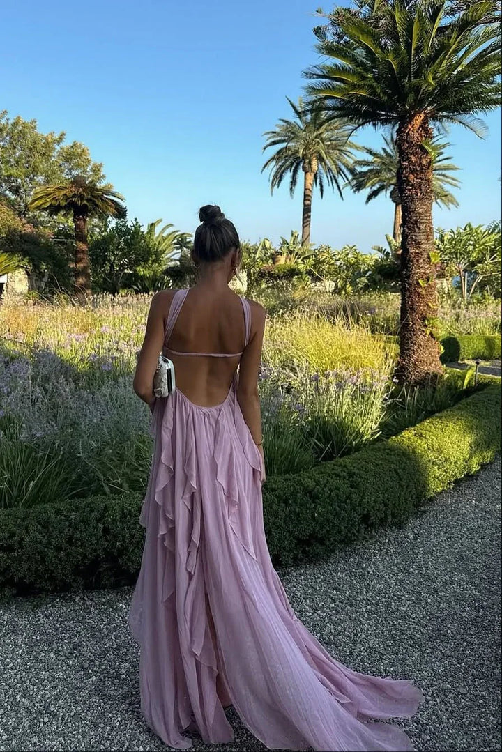 Vestito lungo donna rosa con volant
