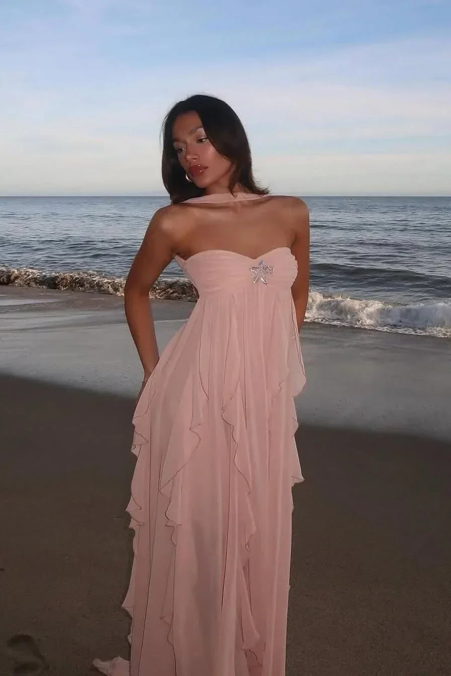 Vestito lungo donna rosa con volant