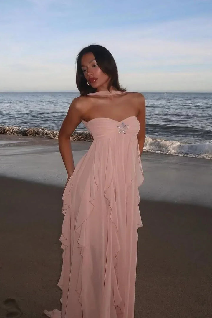 Vestito lungo donna rosa con volant