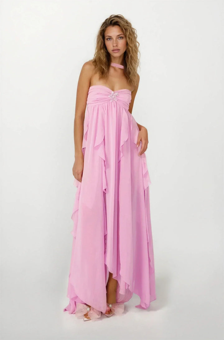 Vestito lungo donna rosa con volant
