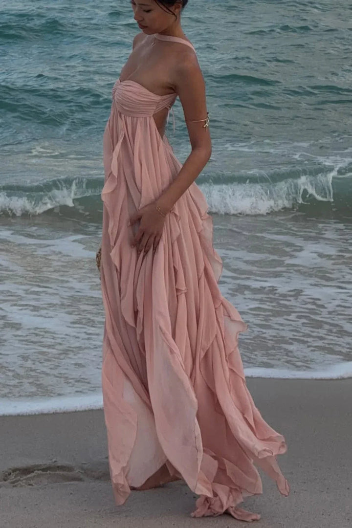 Vestito lungo donna rosa con volant