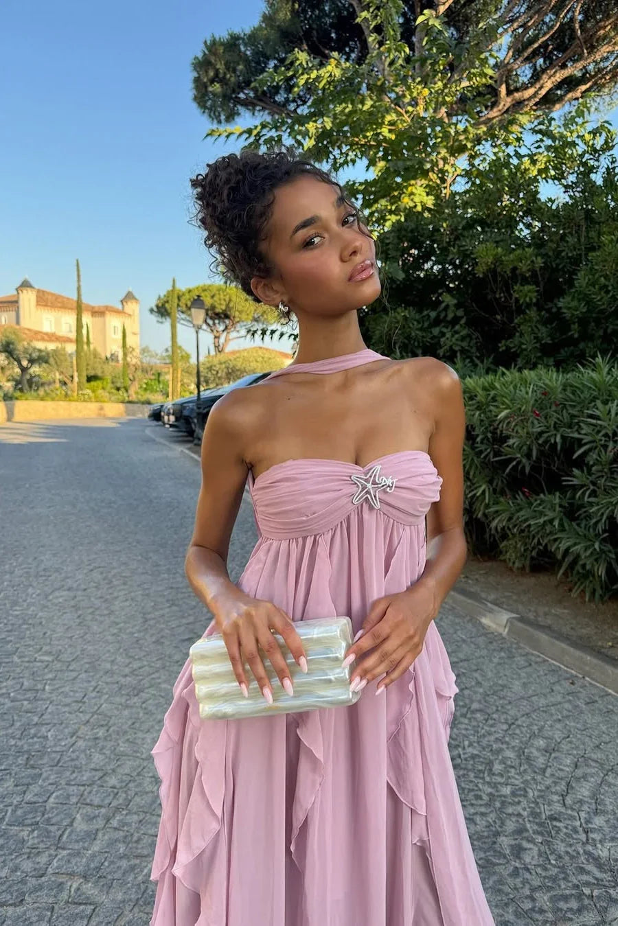 Vestito lungo donna rosa con volant