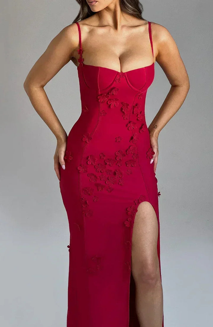 Vestito lungo donna rosso con spacco e ricami