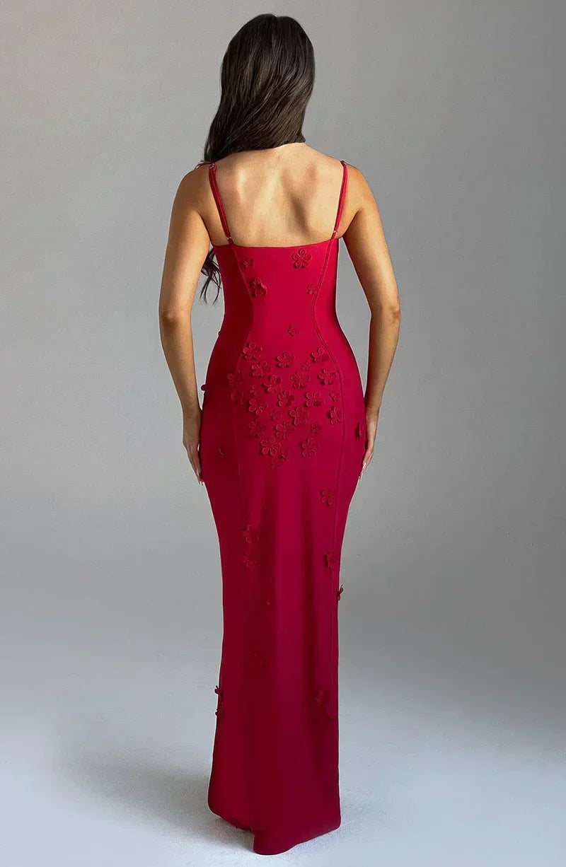 Vestito lungo donna rosso con spacco e ricami