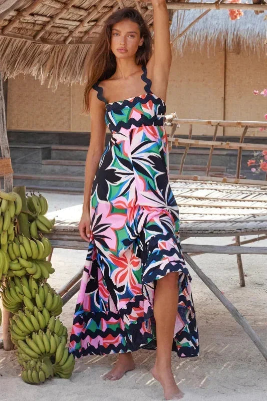 Vestito lungo donna senza maniche con bordo ondulato