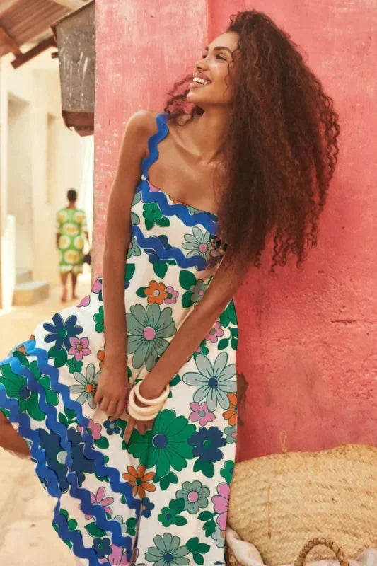 Vestito lungo donna senza maniche con bordo ondulato