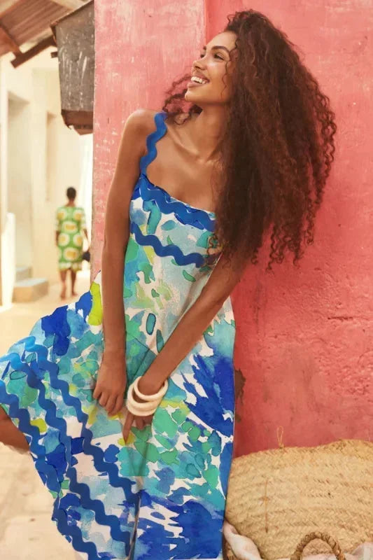 Vestito lungo donna senza maniche con bordo ondulato