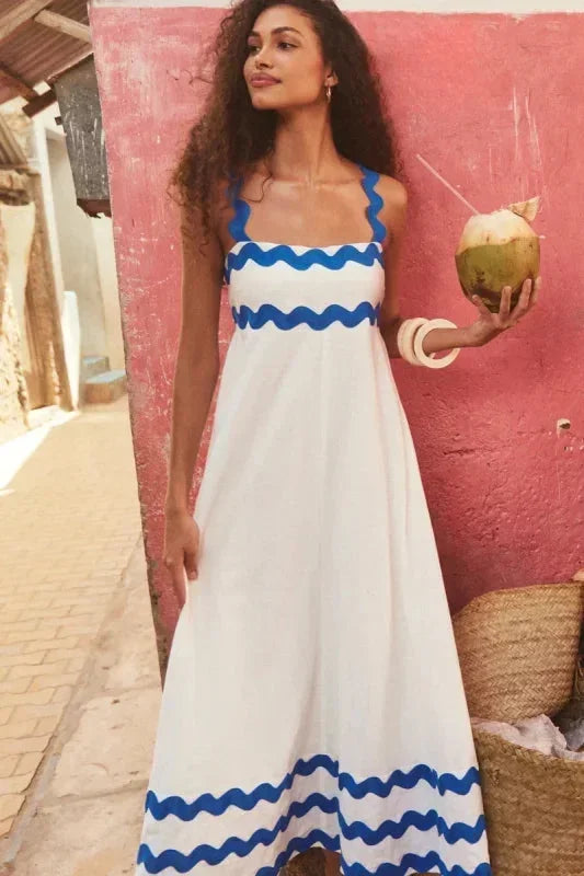 Vestito lungo donna senza maniche con bordo ondulato