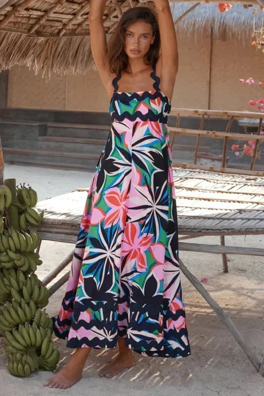 Vestito lungo donna senza maniche con bordo ondulato