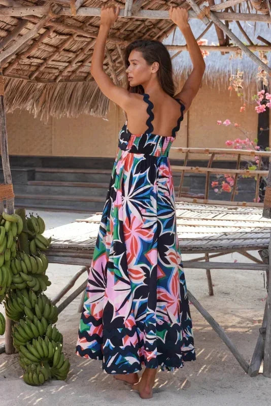 Vestito lungo donna senza maniche con bordo ondulato