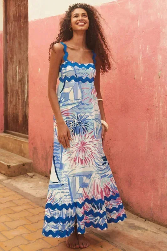 Vestito lungo donna senza maniche con bordo ondulato