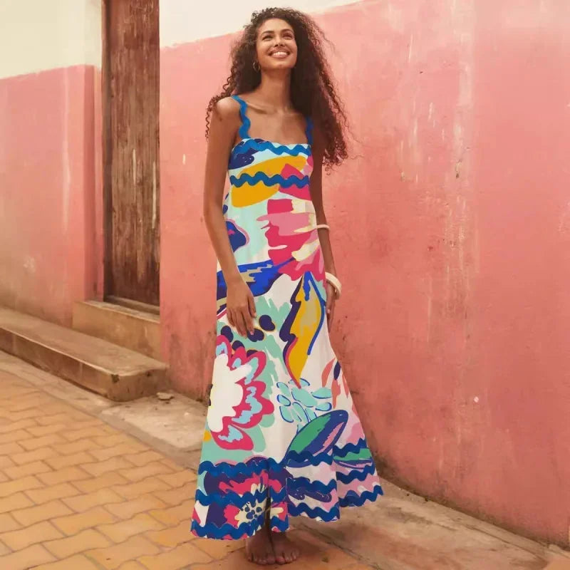 Vestito lungo donna senza maniche con bordo ondulato