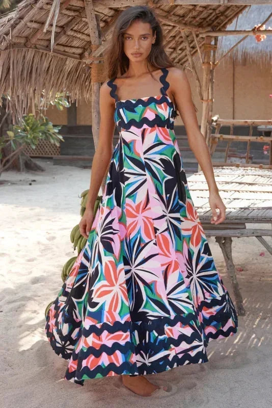 Vestito lungo donna senza maniche con bordo ondulato