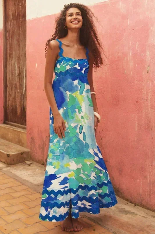 Vestito lungo donna senza maniche con bordo ondulato
