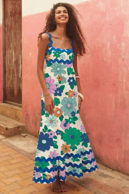 Vestito lungo donna senza maniche con bordo ondulato