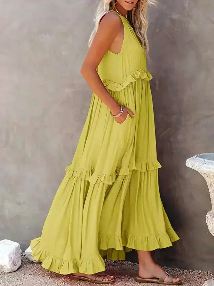 Vestito lungo donna senza maniche con volant sovrapposti