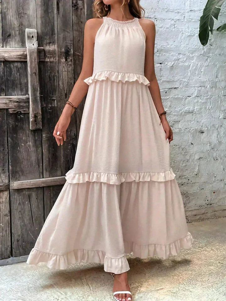 Vestito lungo donna senza maniche con volant sovrapposti