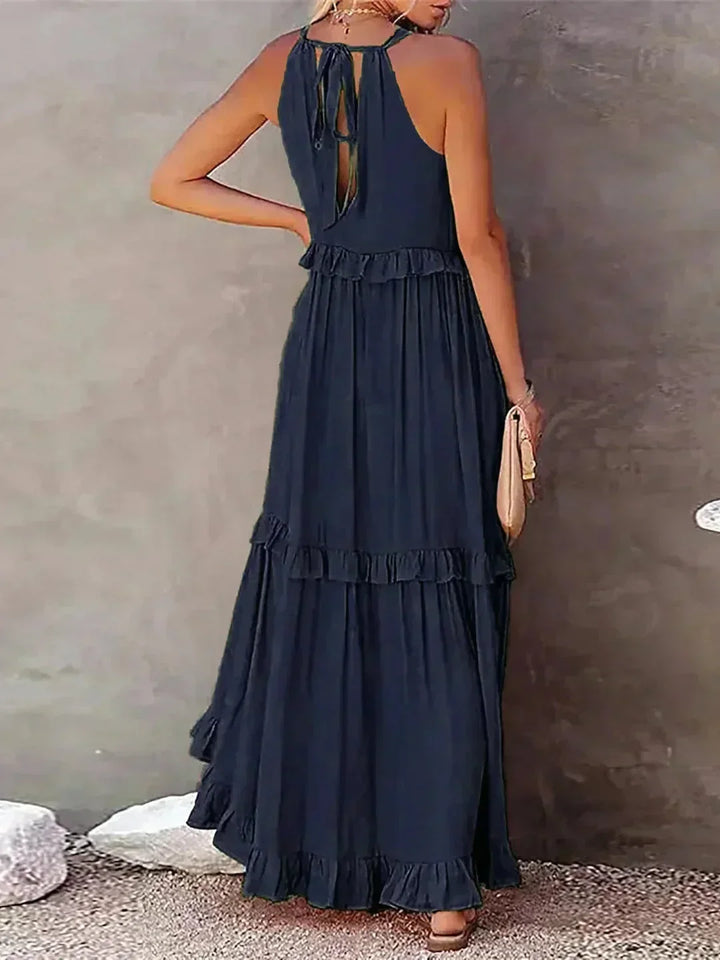 Vestito lungo donna senza maniche con volant sovrapposti