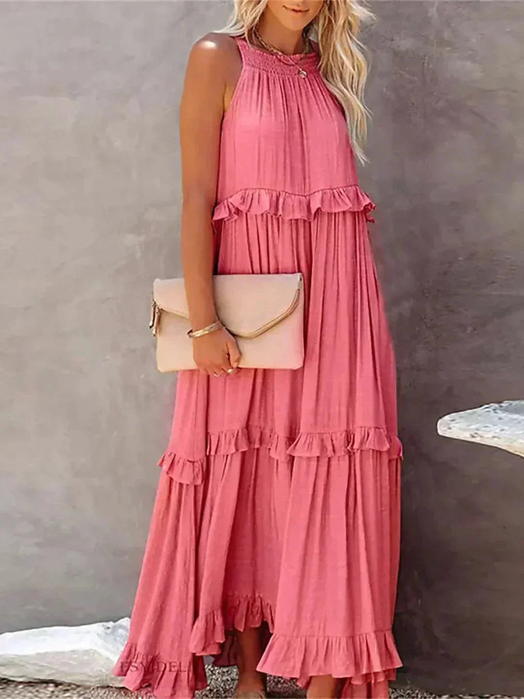 Vestito lungo donna senza maniche con volant sovrapposti