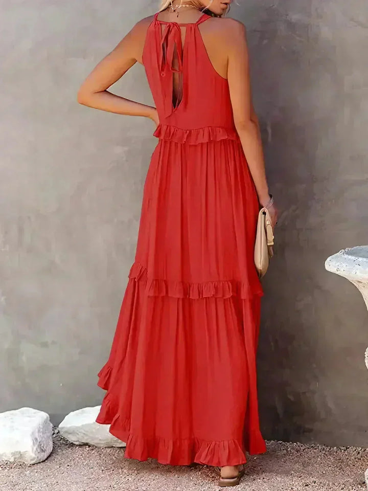 Vestito lungo donna senza maniche con volant sovrapposti